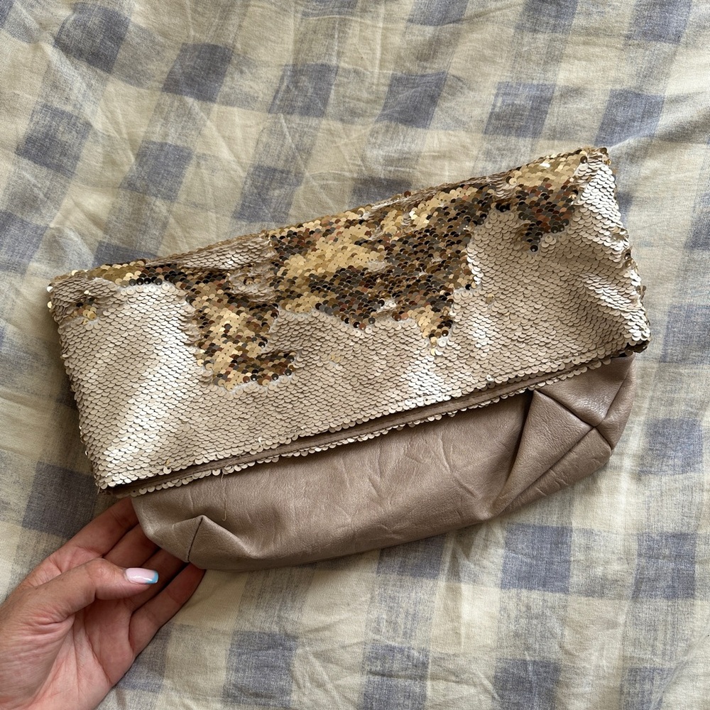 Sequin and faux leather Anthropologie clutch